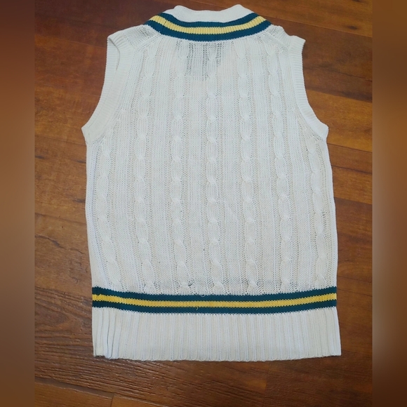 Men's Vintage Bukta Cable Knit V-Neck Sweater Vest with Green & Yellow Trim - Picture 4 of 5